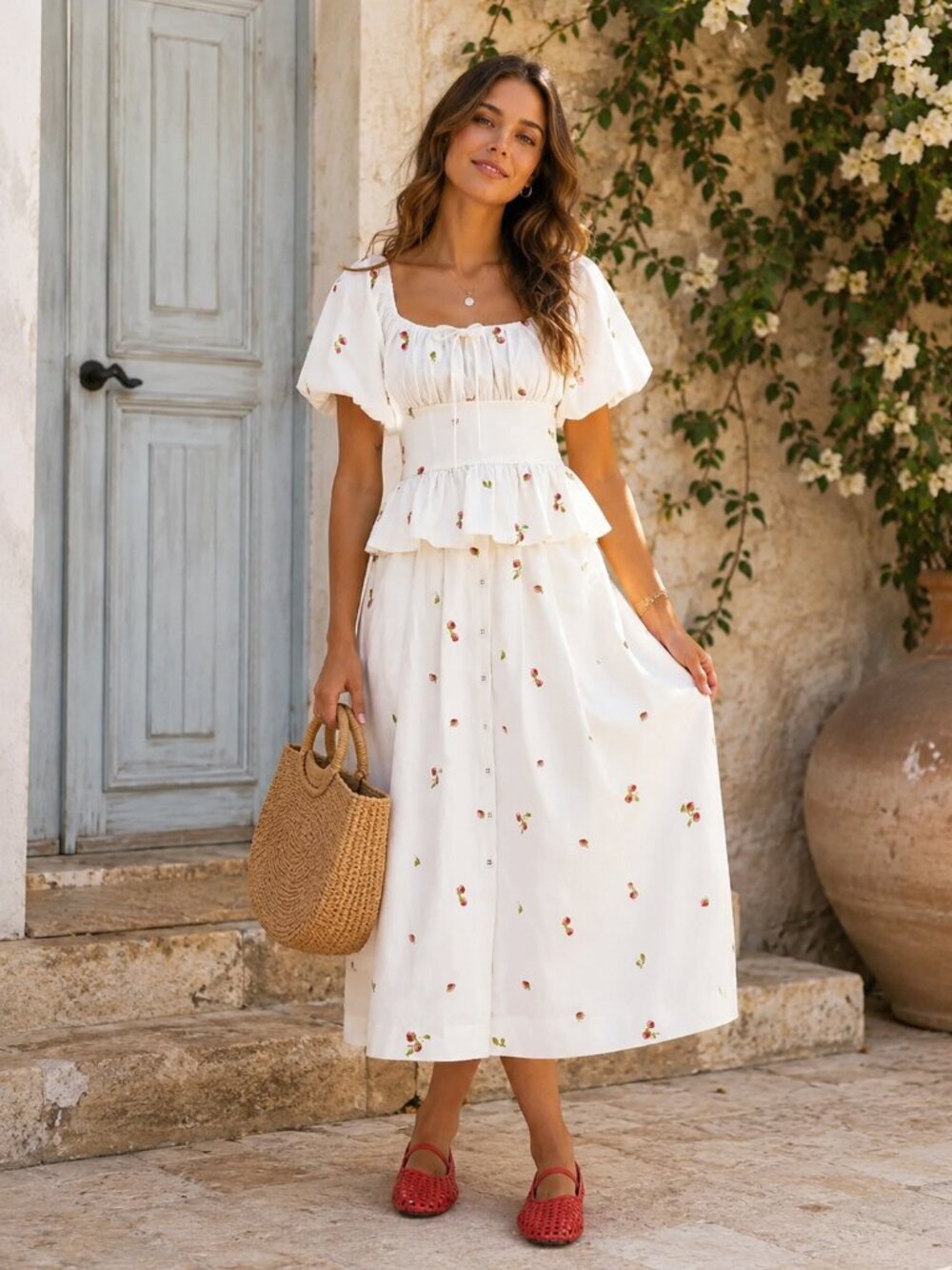 En Saison Strawberry Kiss Peplum Top and Midi Skirt Set in White $266 Small